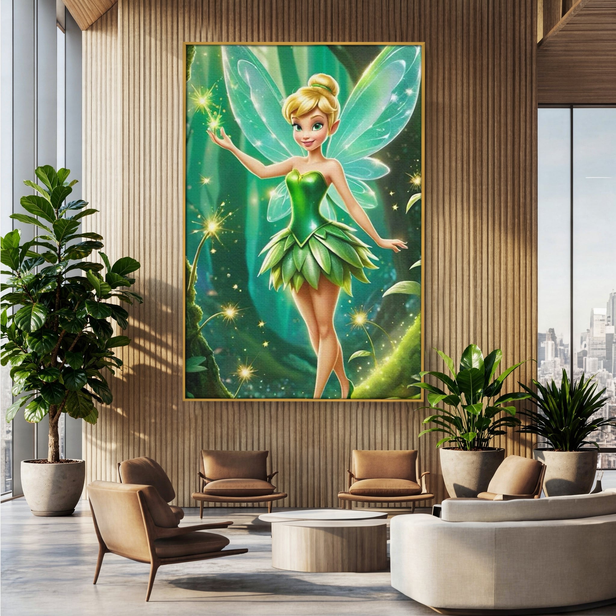 Tablou canvas cu tablou canvas cu zana tinker bell, in rama de aluminiu auriu, pe perete intr-un birou